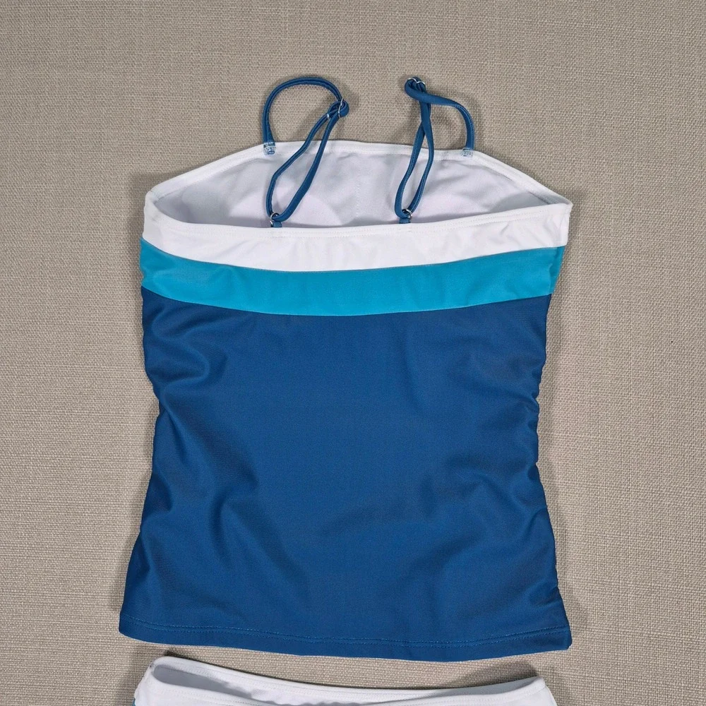 Blue Color Block Tankini Swimsuit Ruched Two Piece Kids Size 11-12Y